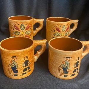 Pennsbury Pottery Vintage Amish Folk Art Glazed Coffee Mugs - set of 4